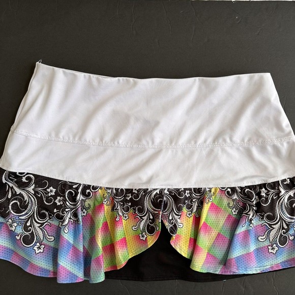 Lucky In Love Sport Skorts Skirt Tennis Womens L White Floral Pixel Flounce - Picture 5 of 5